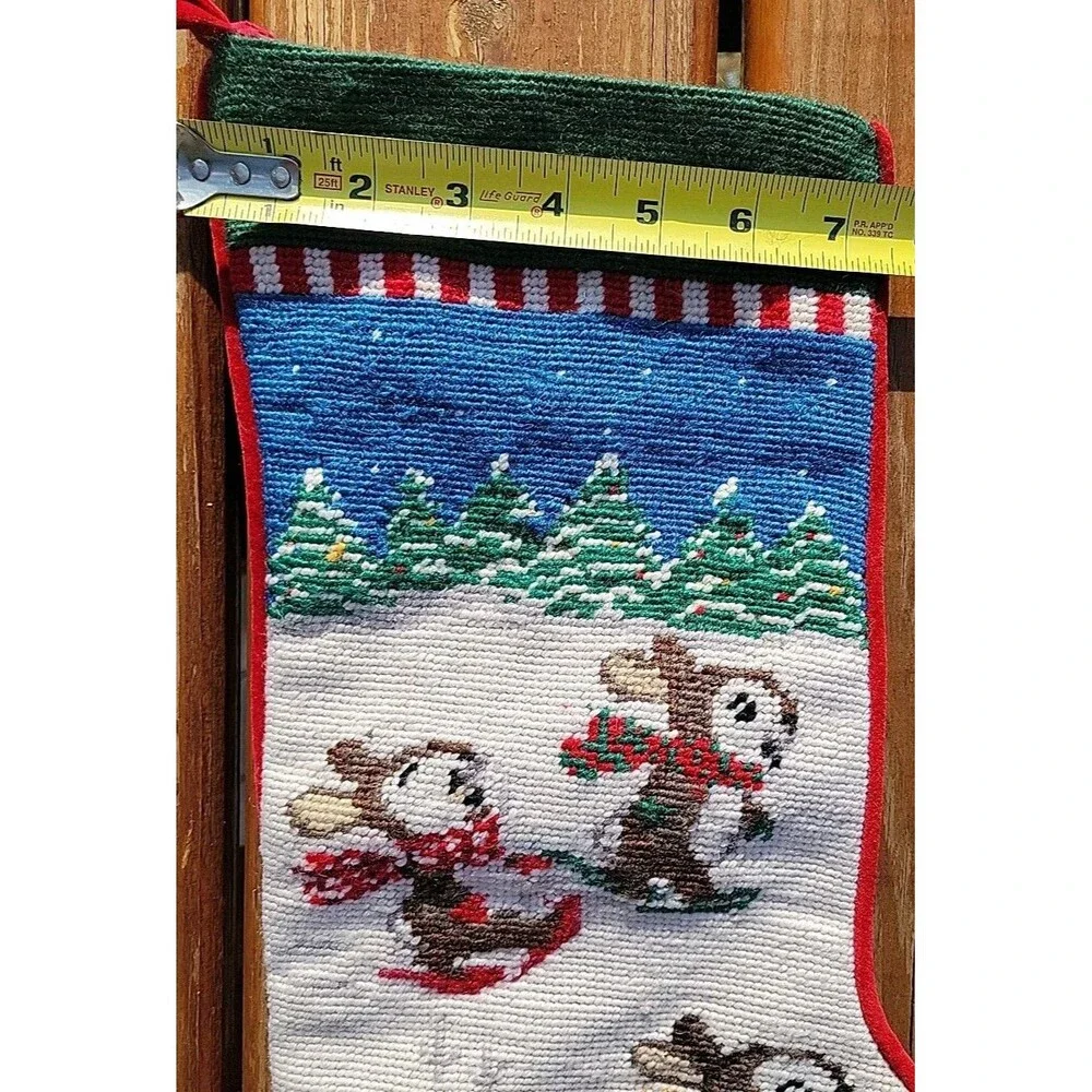 Lands End Bunnies Needlepoint Christmas Stocking Wool Green Red Cotton FLAW